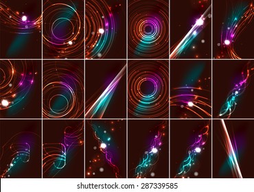 Color abstracto de las líneas brillantes en el espacio oscuro con estrellas y efectos luminosos. Conjunto de fondo futurista con espacio de copia para tu mensaje