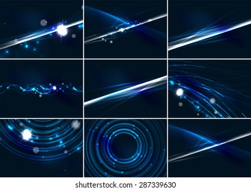 Abstract color glowing lines in dark space with stars and light effects. Futuristic background set with copyspace for your message