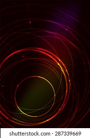 Abstract color glowing lines in dark space with stars and light effects. Futuristic circle background with copyspace for your message