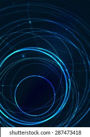 Abstract color glowing lines in dark space with stars and light effects. Futuristic circle background with copyspace for your message