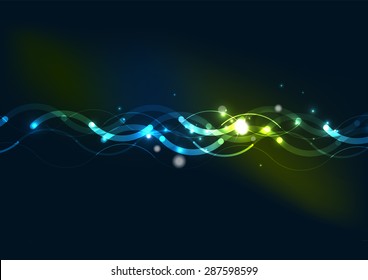 Color abstracto de las líneas brillantes en el espacio oscuro con estrellas y efectos luminosos. Fondo de onda futurista con espacio de copia para tu mensaje