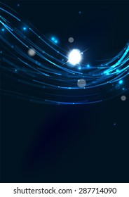 Abstract color glowing lines in dark space with stars and light effects. Futuristic wave background with copyspace for your message