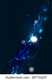 Abstract color glowing lines in dark space with stars and light effects. Futuristic wave background with copyspace for your message