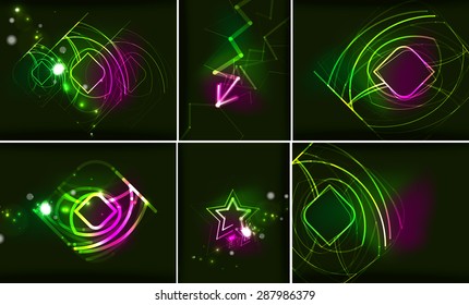 Color abstracto de las líneas brillantes en el espacio oscuro con estrellas y efectos luminosos. Conjunto de fondo futurista con espacio de copia para tu mensaje