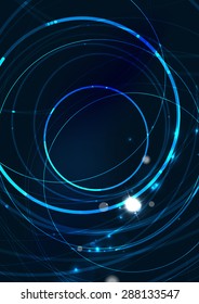 Abstrakte farbige leuchtende Linien im dunklen Raum mit Sternen und Lichteffekten. Futuristische Kreishintergrund mit Kopienraum für Ihre Nachricht