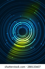 Abstract color glowing lines in dark space with stars and light effects. Futuristic circle background with copyspace for your message