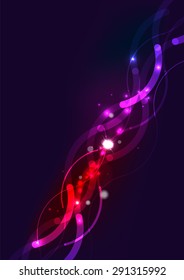 Abstract color glowing lines in dark space with stars and light effects. Futuristic wave background with copyspace for your message