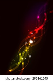 Abstract color glowing lines in dark space with stars and light effects. Futuristic wave background with copyspace for your message