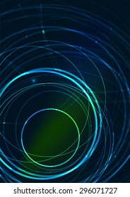 Abstract color glowing lines in dark space with stars and light effects. Futuristic circle background with copyspace for your message