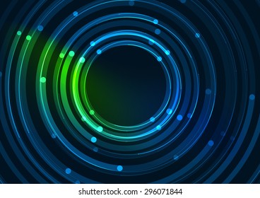 Abstrakte farbige leuchtende Linien im dunklen Raum mit Sternen und Lichteffekten. Futuristische Kreishintergrund mit Kopienraum für Ihre Nachricht