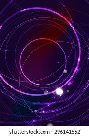 Abstract color glowing lines in dark space with stars and light effects. Futuristic circle background with copyspace for your message