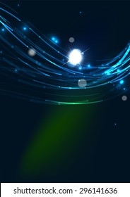 Color abstracto de las líneas brillantes en el espacio oscuro con estrellas y efectos luminosos. Fondo de onda futurista con espacio de copia para tu mensaje