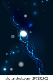 Abstrakte farbige leuchtende Linien im dunklen Raum mit Sternen und Lichteffekten. Futuristische Wellenhintergrund mit Kopienraum für Ihre Nachricht