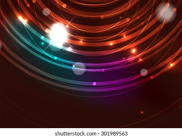 Abstract color glowing lines in dark space with stars and light effects. Futuristic circle background with copyspace for your message