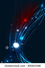Abstract color glowing lines in dark space with stars and light effects. Futuristic wave background with copyspace for your message