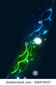 Abstract color glowing lines in dark space with stars and light effects. Futuristic wave background with copyspace for your message