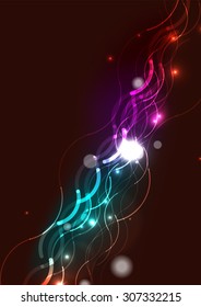 Abstract color glowing lines in dark space with stars and light effects. Futuristic wave background with copyspace for your message