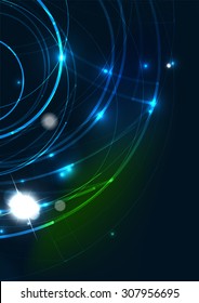Abstract color glowing lines in dark space with stars and light effects. Futuristic circle background with copyspace for your message