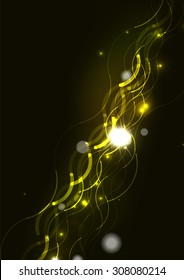 Abstract color glowing lines in dark space with stars and light effects. Futuristic wave background with copyspace for your message