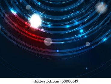 Abstract color glowing lines in dark space with stars and light effects. Futuristic circle background with copyspace for your message