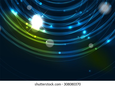 Abstrakte farbige leuchtende Linien im dunklen Raum mit Sternen und Lichteffekten. Futuristische Kreishintergrund mit Kopienraum für Ihre Nachricht