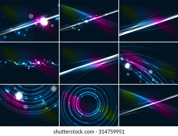 Color abstracto de las líneas brillantes en el espacio oscuro con estrellas y efectos luminosos. Conjunto de fondo futurista con espacio de copia para tu mensaje