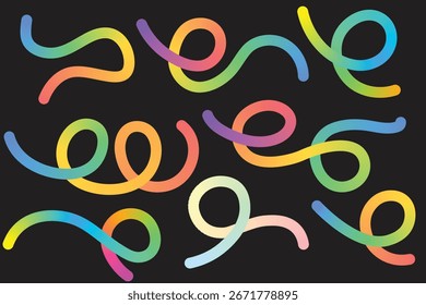 Abstract Color Gradient Blend Fluid on black. Wavy Graphic Design Elements. Rainbow Color Ribbon. Vector Swirls and Curve 3D Graphic Elements