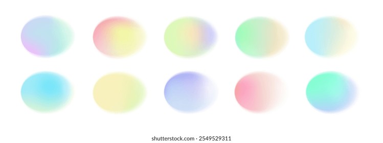 Abstract color gradient. Circles soft pastel watercolor shapes. Liquid round blobs with dynamic blur effect. Color iridescent blending design vector set.