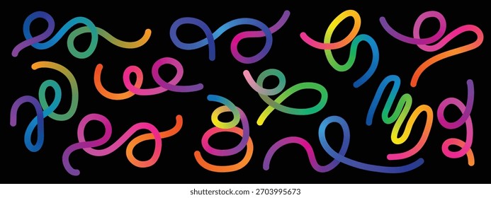 Padrão De Linhas De Gradiente De Cor Abstrata. Fitas Onduladas Arco-Íris Orgânicas. Conjunto de linhas de gradação de cor divertido infantil Doodle. 
