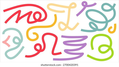 Abstract Color Gradient Shapes Set. Vector Graphic with Wavy Lines in solid Colors. Colorful Fluid Wave Pattern. Squiggly Design Elements.