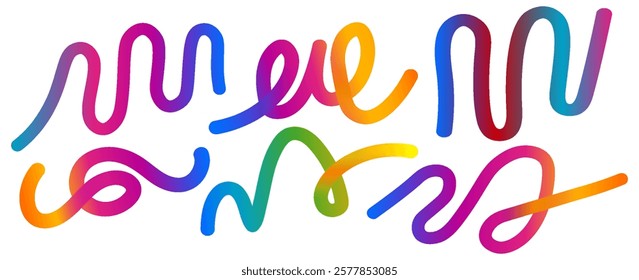 Abstract Color Gradient Swirl Shapes Set. Vector Graphic with Wavy Lines in Rainbow Colors. Colorful Fluid Wave Pattern. eps10