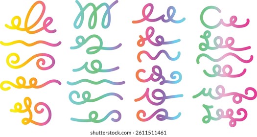 Abstract Color Gradient Swirl Shapes Set. Vector Graphic with Wavy Lines in Rainbow Colors. Colorful Fluid Wave Pattern. Squiggly Design Elements