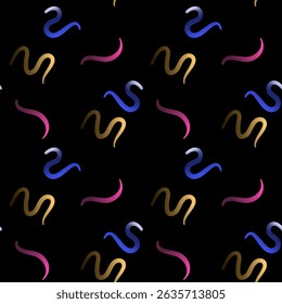 Abstract Color Gradient Swirl Shapes Seamless Pattern. Squiggly Design Elements with tapper in dark.