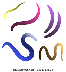 Abstract Color Gradient Swirl Shapes Set. Vector Graphic with Wavy Lines in Rainbow Colors. Squiggly Design Elements with tapper.