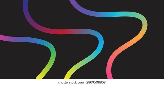 Abstract Color Gradient Swirl Shapes Set. Simple yet Futuristic Multicolor Wave Pattern on Dark Template. Colorful Fluid Wave Pattern. Squiggly Design Elements.