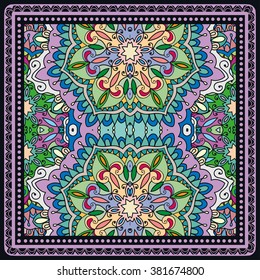 Abstract color graphic background, square geometric pattern with frame, tribal ethnic ornament. Bandanna shawl fabric print, silk neck scarf or kerchief design, vector illustration. 