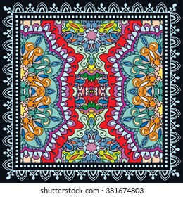 Abstrakter Farbverlauf-Hintergrund, quadratisches geometrisches Muster mit Rahmen, ethnisch-ethnische Ornamente. Bandanna Shawl Stoffdruck, Seidenhalsschal oder Kerchentechnik, Vektorgrafik. 
