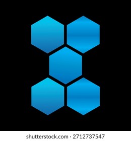 Abstract color graphic design featuring five blue gradient hexagons arranged in an X-shape on a black background, symbolizing connection or structure.