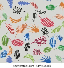 Abstract color hand drawn vector leaves grey background seamless pattern botanical composition
