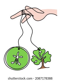 Abstract color hand with element of wood in feng shui (hieroglyph means "wood" in english) as line drawing on the white background. Vector. Vector