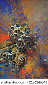 abstract color hand-drawn vector illustration in steampunk style with incomprehensible mechanisms, pipes, valves on the background of metal patterns, rust and colored streaks. Illusion of surrealism.