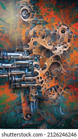 ilustración de vector de color abstracto a mano en estilo steampunk con mecanismos incomprensibles, tuberías, válvulas sobre el fondo de patrones de metal, roya y estrías coloreadas. Ilusión de surrealismo.