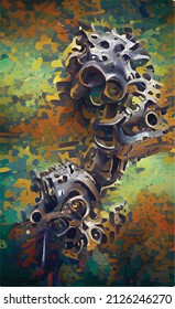 abstract color hand-drawn vector illustration in steampunk style with incomprehensible mechanisms, pipes, valves on the background of metal patterns, rust and colored streaks. Illusion of surrealism.