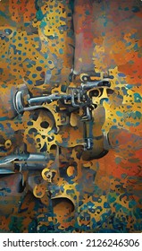 abstract color hand-drawn vector illustration in steampunk style with incomprehensible mechanisms, pipes, valves on the background of metal patterns, rust and colored streaks. Illusion of surrealism.