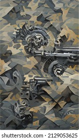 abstract color hand-drawn vector illustration in steampunk style with incomprehensible mechanisms, pipes, valves on the background of metal patterns, rust and colored streaks. Illusion of surrealism.