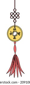 Abstract color hanging coin with abstract doodle hieroglyphs as continuous lines drawing on white background. Vector