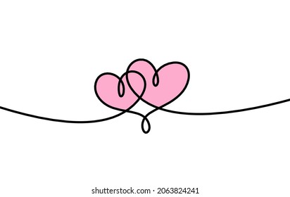 Abstract color hearts as continuous line drawing on white as background. Vector