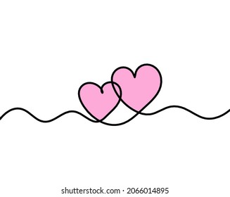 Abstract color hearts as continuous line drawing on white as background. Vector