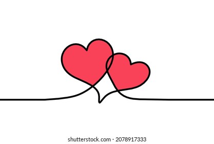 Abstract color hearts as continuous line drawing on white as background. Vector