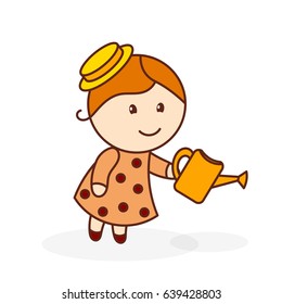 Abstract color image of a little cute girl in a hat watering from a watering-can. Girl with watering can on a white background. Vector illustration
